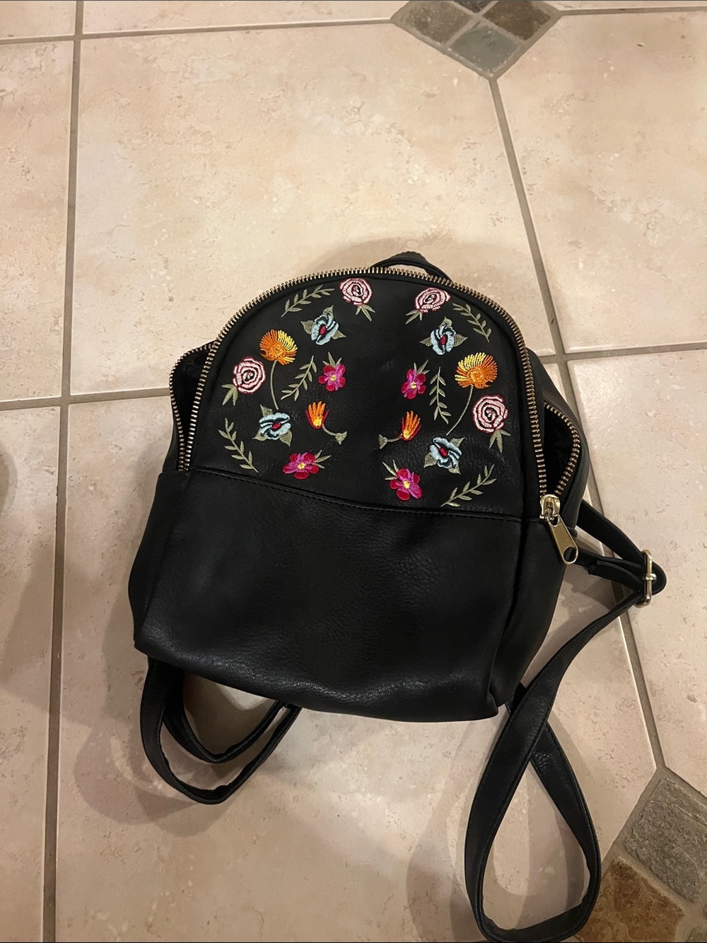 art class Black Mini Backpack with Multicolor Floral Embroidery